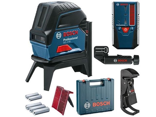 Нивелир лазерный BOSCH GCL 2-50 с держателем и приемником в чем. (проекция: крест, до 50 м, +/- 0.30 мм/м, резьба 1/4, 5/8