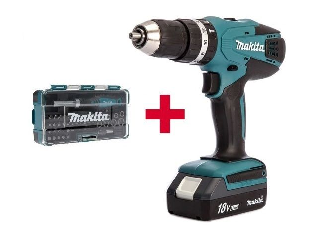 Аккум. ударная дрель-шуруповерт MAKITA HP 457 DWE в чем. + Набор бит 47 шт. (B-36170) (18.0 В, 2 акк., 1.5 А/ч Li-Ion, 2 скор., 42 Нм, шурупы до 13 мм