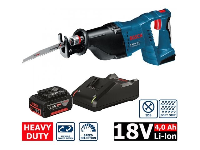 Аккум. сабельная пила BOSCH GSA 18V-LI в кор. (18.0 В, 1 акк., 4.0 А/ч, Li-Ion, дерево до 250 мм, металл до 20 мм)