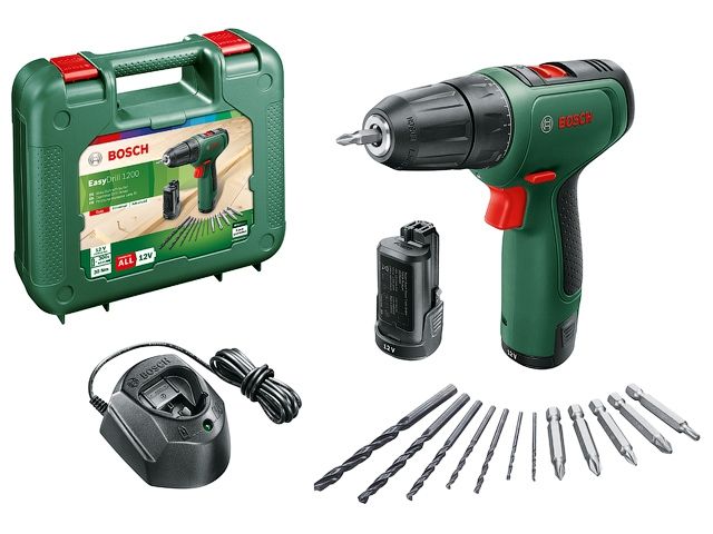 Аккум. дрель-шуруповерт BOSCH EasyDrill 1200 в чем. + набор сверл и бит (12.0 В, 2 акк., 1.5 А/ч Li-Ion, 2 скор., 30 Нм, шурупы до 6 мм)