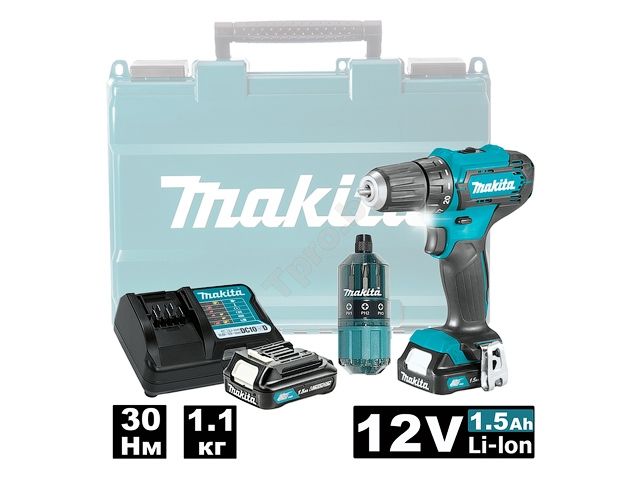 Аккум. дрель-шуруповерт MAKITA DF 333 DWYE в чем. + набор бит (12.0 В, 2 акк., 1.5 А/ч Li-Ion, 2 скор., 30 Нм, шурупы до 8 мм)