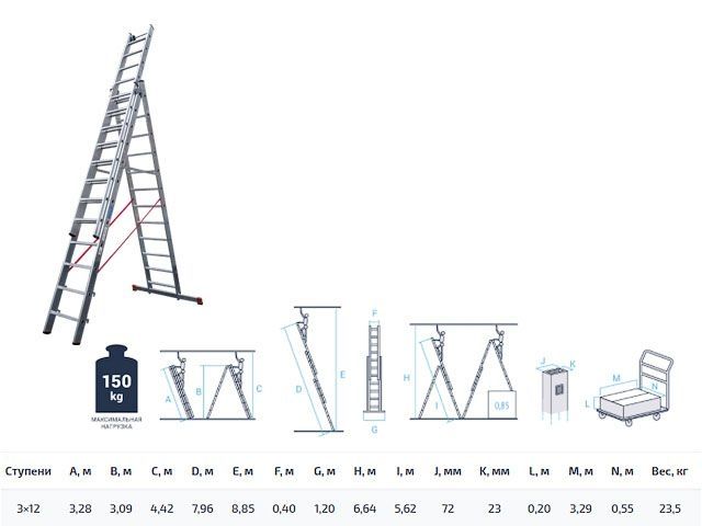 Лестница алюм. 3-х секц. 309/796/328см 3х12 ступ., 23,5кг  NV5230 Новая Высота (макс. нагрузка 150кг)