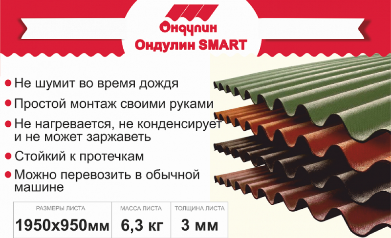 Лист кровельный Ондулин Smart (красный) 1.95х0.95м