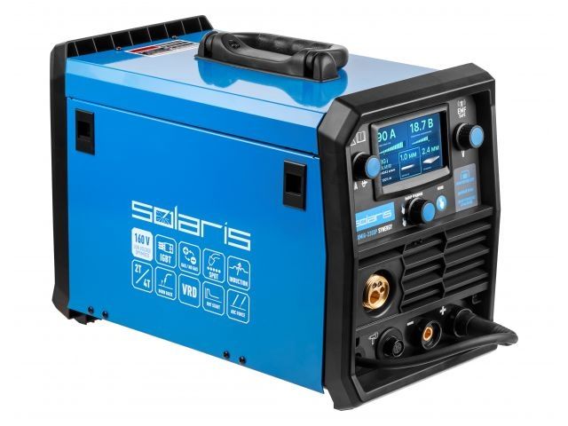 Полуавтомат сварочный Solaris ALUMIG-230DP SYNERGY (230В, MIG/SPOT/FLUX/MMA/TIG/PULSE/DP, синергетич.программы, евроразъем, горелка 3 м)