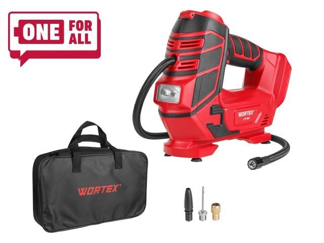 Аккум. компрессор WORTEX CTI 1811 в кор. ALL1 SOLO 18 В, 11 бар, 12 л/мин (160 PSI / 1100 кПа, цифровой манометр, 600 мм шланг, подсветка)